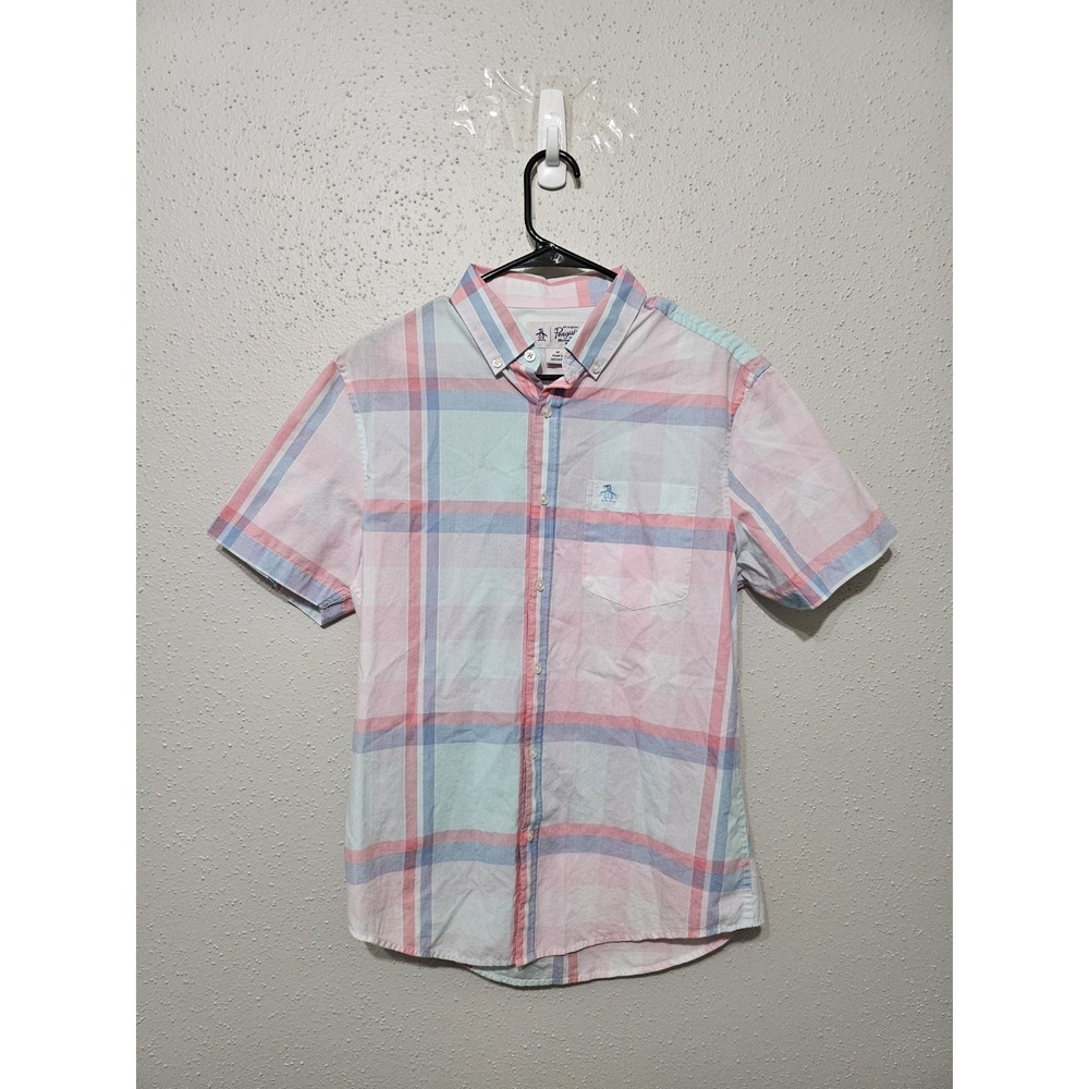 Original Penguin Button Shirt Men's Pink and Blue Plaid Buttoned-Up Shirt Size M